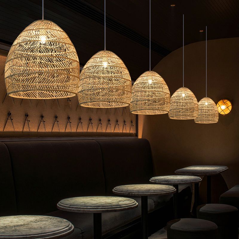 Basket Pendant Lighting Fixture Asian Rattan Beige Hanging Light Fixture for Restaurant