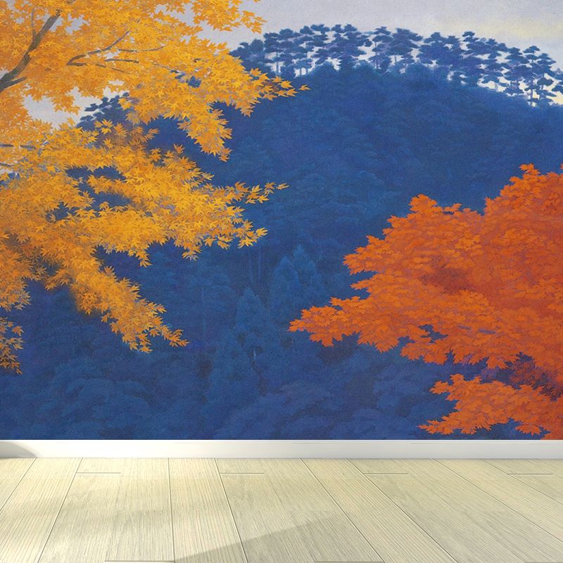 Extra Large Maple Trees Mural Wallpaper Modern Chilling Forest Wall Covering in Blue
