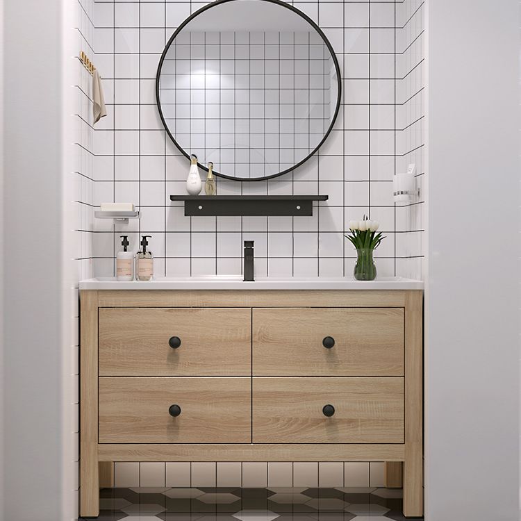 Wood Frame Vanity Mirror Freestanding Single Sink Scratch Resistant Vanity with Drawers