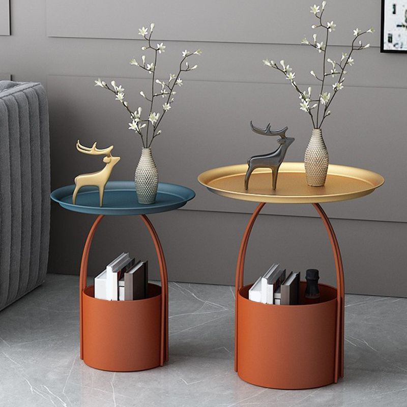 Round Tray Top Coffee Table Iron Pedestal Cocktail Table with Storage