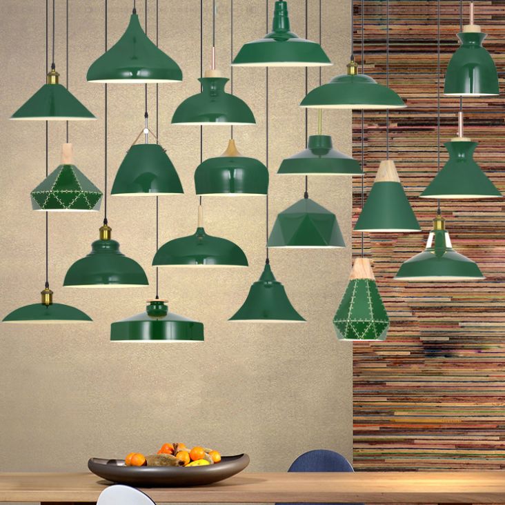 Lampada a sospensione verde a bulbina singola Metal Geometric Luce sospesa per sala da pranzo