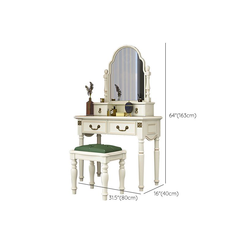 Victorian Solid Wood Vanity Makeup Dressing Table Stool Set with Mirror in White