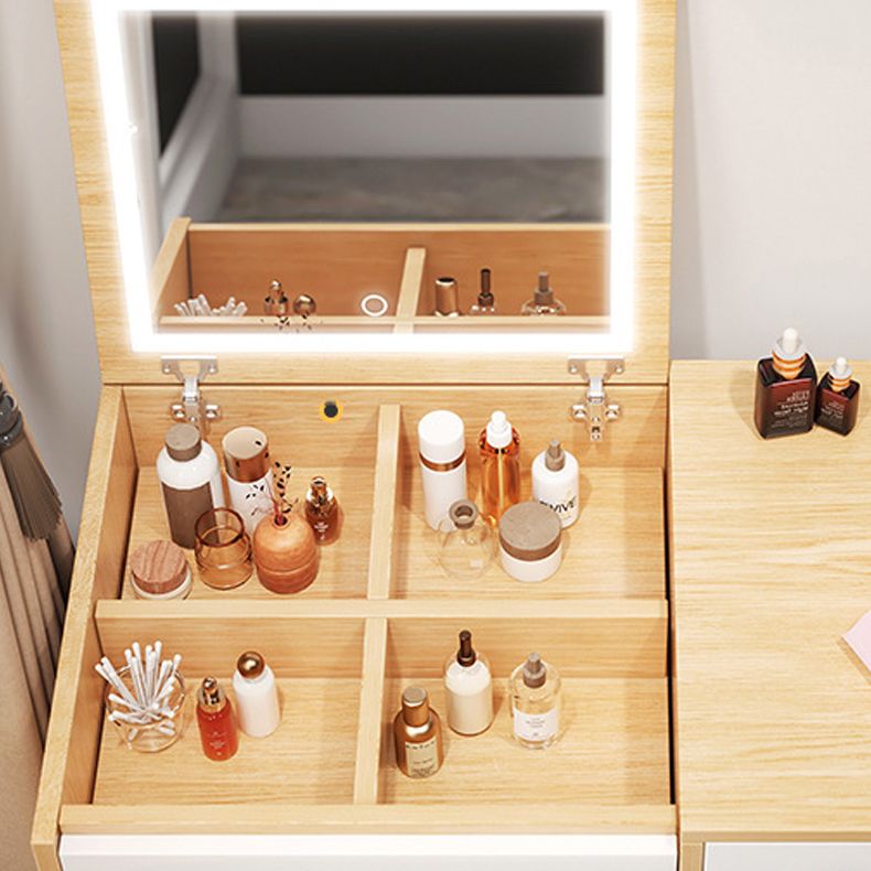 Contemporary Natural Bedroom Solid Wood Mirror With Drawer Makeup Vanity Set