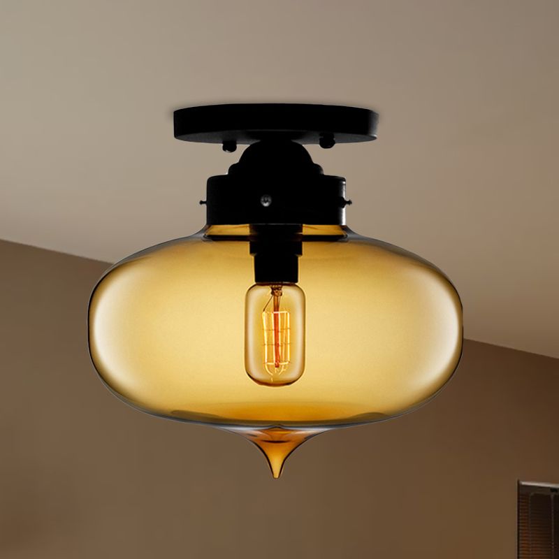 Black One Light Ceiling Mount Industrial Red / Brown / Amber Glass Oval Shade Semi Flush Light for Dining Room