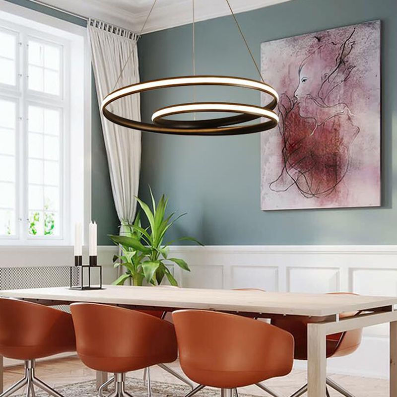 Seamless Curve Chandelier Lighting Fixture Contemporary Metal Black 18"/23.5"/30" Wide LED Pendant Light, Warm/White Light