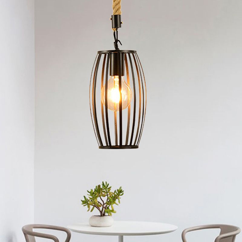 1 Light Metal and Rope Hanging Light Farmhouse Style Black Globe/Cylinder/Barrel Cage Dining Room Pendant Lamp