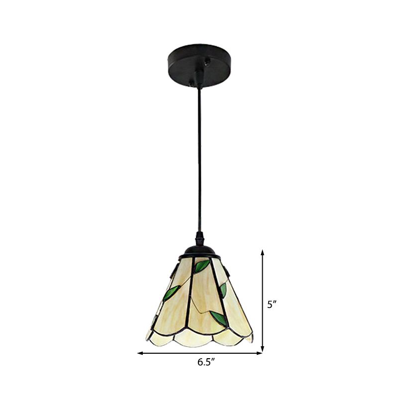 Silver/Black 1 Head Pendant Lamp Tiffany-Style Stained Glass Tapered Hanging Light Fixture with Leaf Pattern