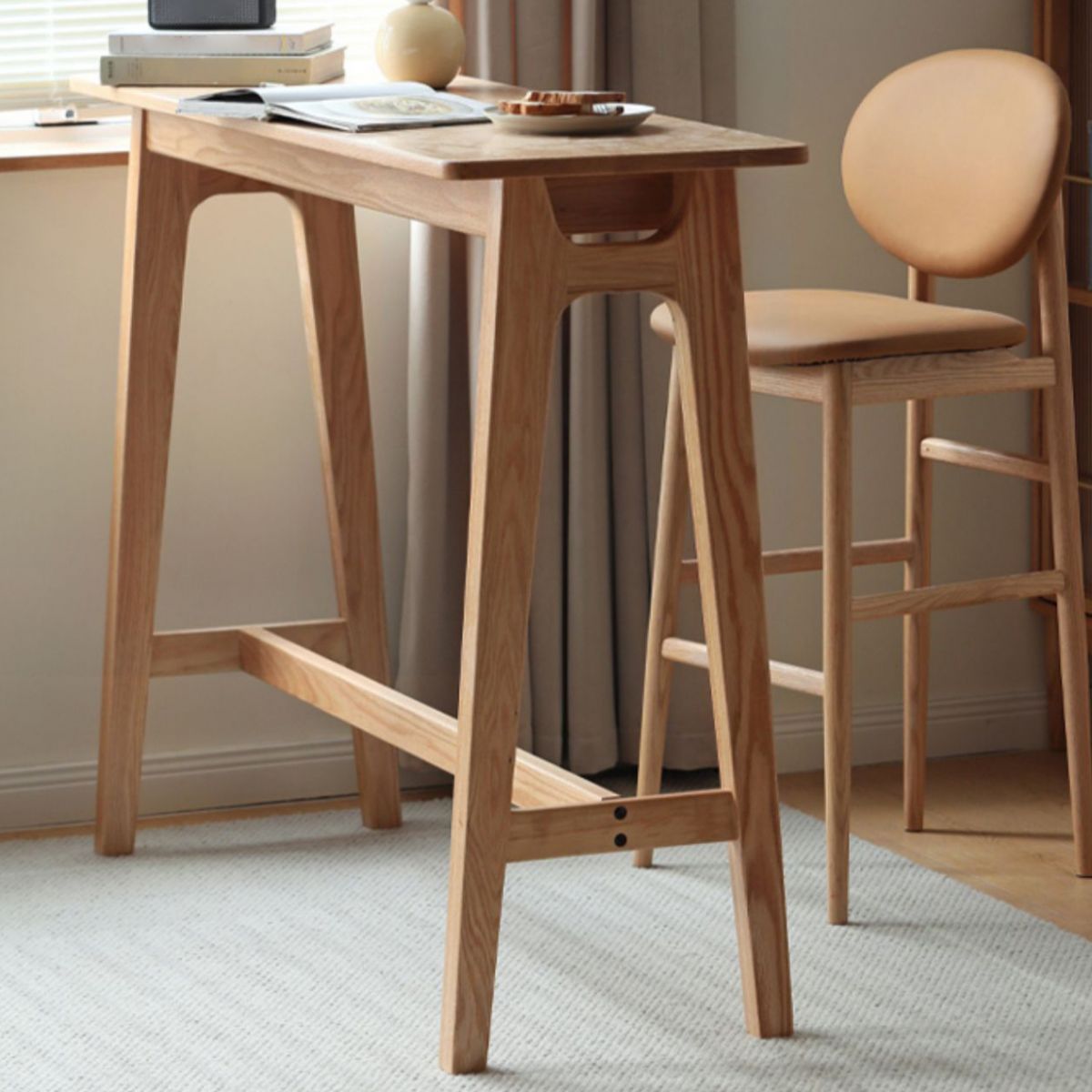 Contemporary Trestle Bar Dining Table Solid Wood Bar Stool Table