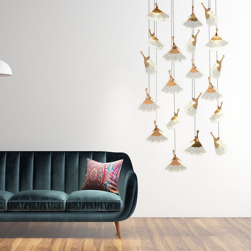 24 Heads Acrylic Suspension Lamp Contemporary Gold Ginkgo Leaf Stair Cluster Pendant Light