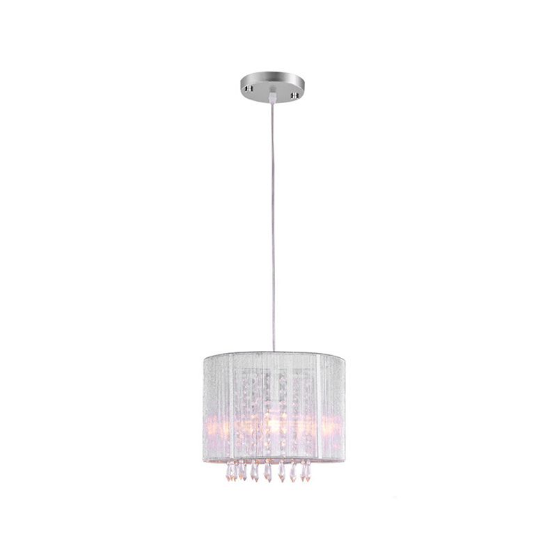 Lámpara colgante de tambor de tela blanca con prisma cristalino transparente 1 lámpara de luz de luz 1 en plata