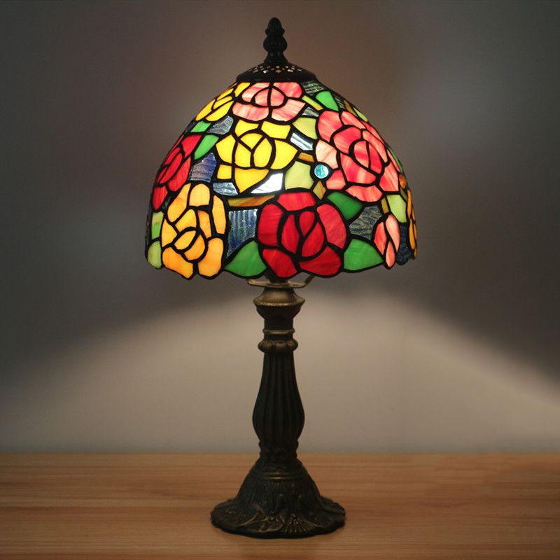 Bronze 1 Head Night Table Light Tiffany Style Cut Glass Yellow/Orange/Purple Rose Patterned Desk Lighting with Dome Shade