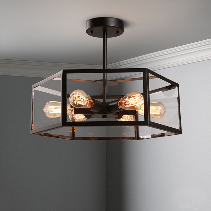 Hexagonal Glass Chandelier Light Fixture Industrial 6 Bulbs Suspension Light in Black