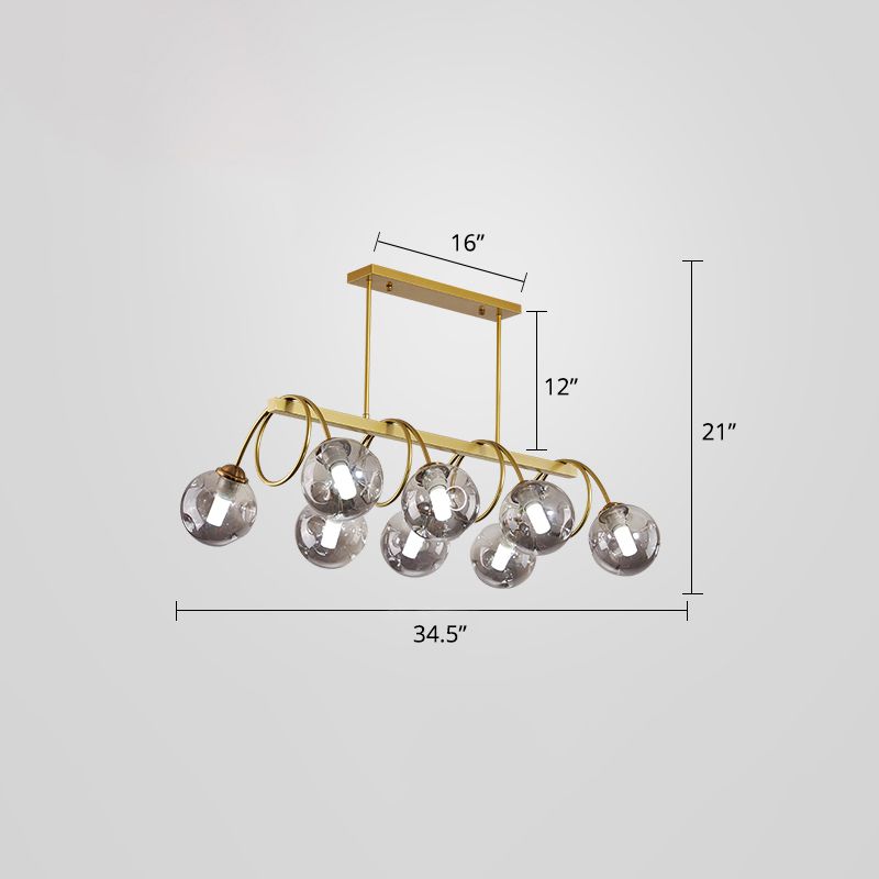 Gold Finish Spiral Island Light Post-Modern Metal Ceiling Hang Lamp with Ball Dimpled Glass Shade