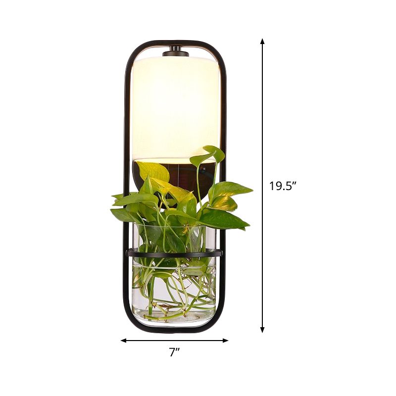 Fabric Black Wall Sconce Cylindrical 1 Head Industrial Wall Lamp with Rectangle Cage and Plant Container