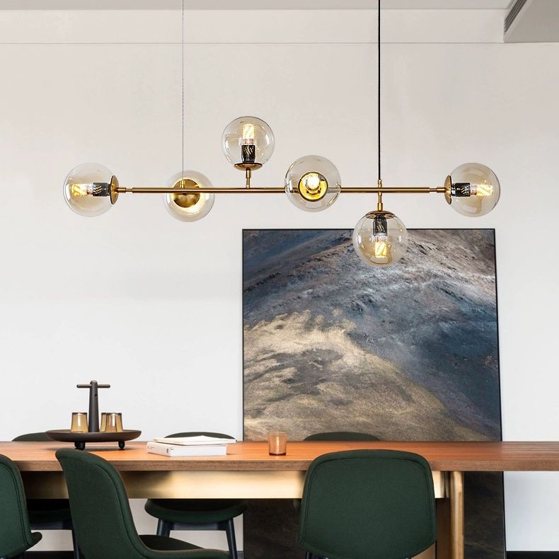 6 Leichte moderne Goldmetallinselheize Beleuchtung Kugelglas Island Deckenleuchte zum Esstisch