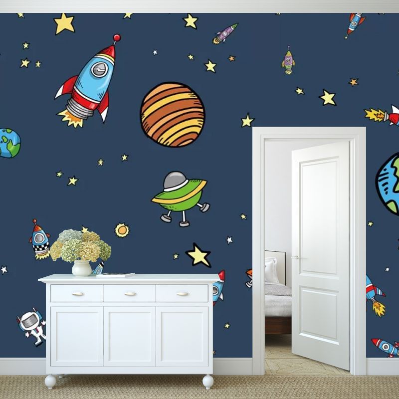 Enormous Illustration Nordic Mural Wallpaper for Kid's Bedroom with Cartoon Deep Space Design in Dark Blue
