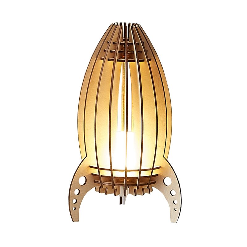 Beige Rocket Frame USB Night Table Light Cartoon LED Wood Nightstand Lamp for Bedroom