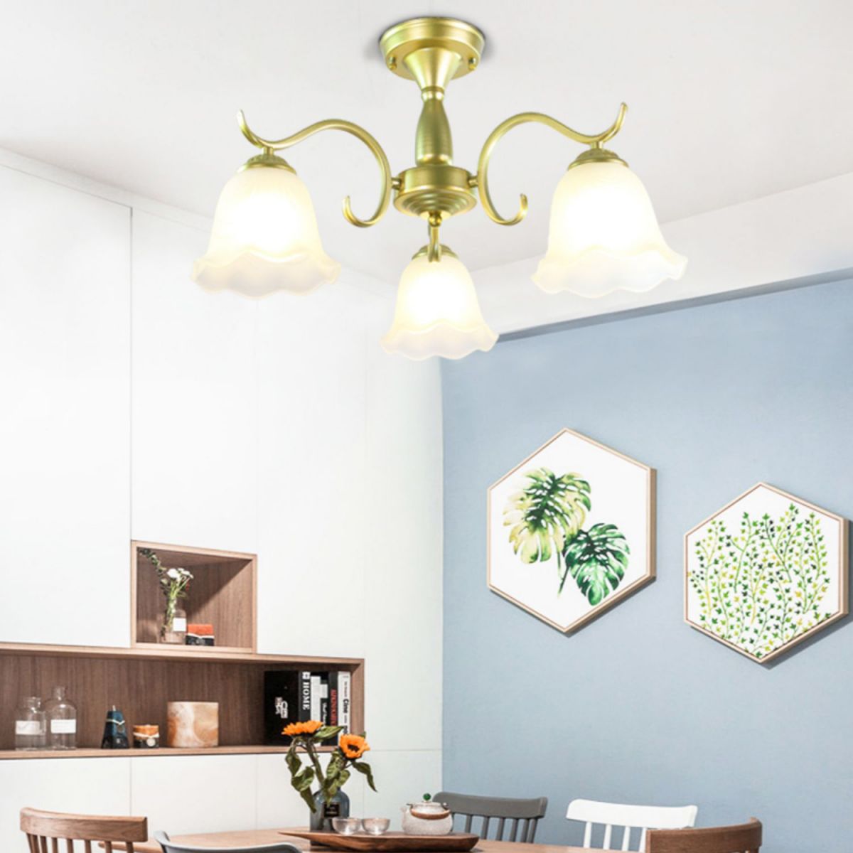 Gold Semi Flush Lamp Traditional Multi-Head Bedroom Ceiling Lighting with Glass Shade