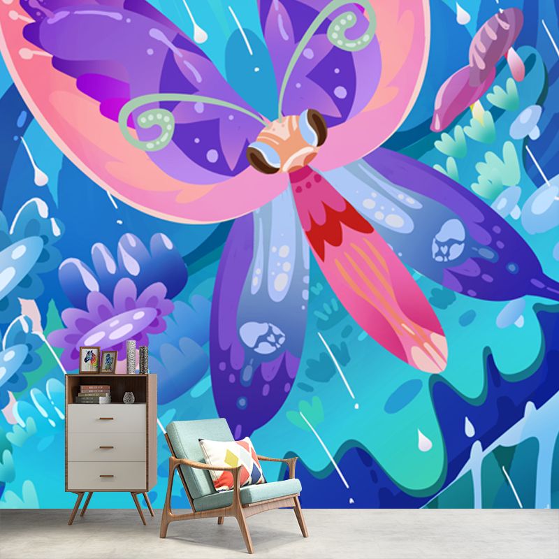 Blue Raining Meadow Wall Mural Butterfly Kids Waterproofing Wall Decor for Bedroom