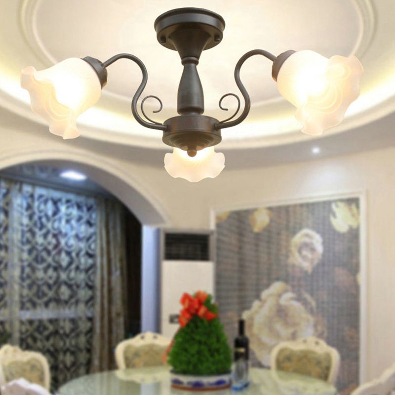 Country Style Floral Semi Flush Mount Frosted White Glass Ceiling Lamp for Dining Room