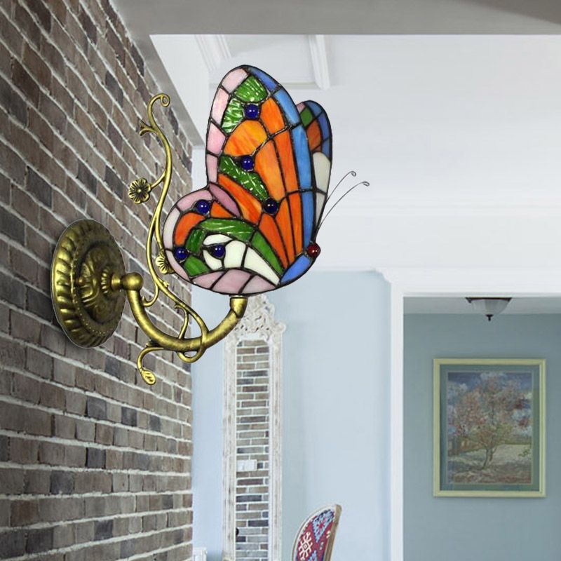1 Light Mini Wall Sconce with Butterfly Rustic Loft Style Stained Glass Wall Mount Light in Blue/Orange