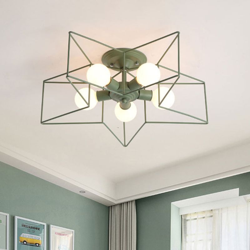 5 Bulbs Semi-Flush Ceiling Fixture with Star Cage Shade Metallic Loft Stylish Indoor Semi Flush Light in Grey/Pink