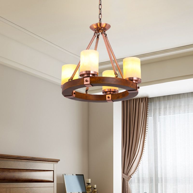Classic Cylinder Chandelier Light 6/8/10 Heads Marble Ceiling Pendant in Brown with Wood Circular Design