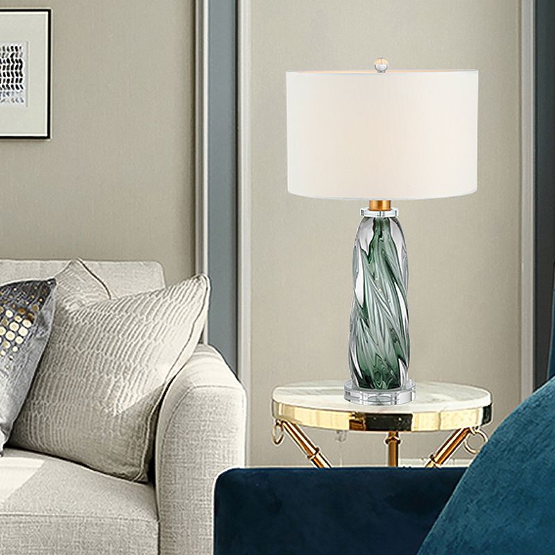 Fabric Cylindrical Task Light Contemporary 1 Head White Nightstand Lamp with Twist Pewter Glazed Crystal Base