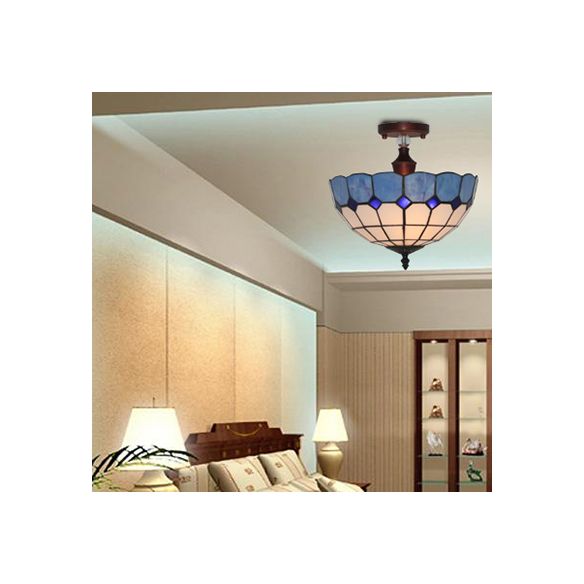 12 "/ 16" W bol semi-encastré victorien Tiffany vitrail semi-encastré en bleu/bleu-blanc/vert-jaune pour le salon