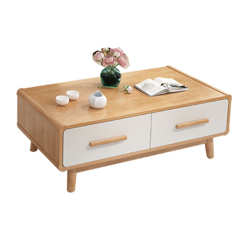 Scandinavian Coffee Table with 2 Drawers and 4 Wooden Legs in Rubberwood
