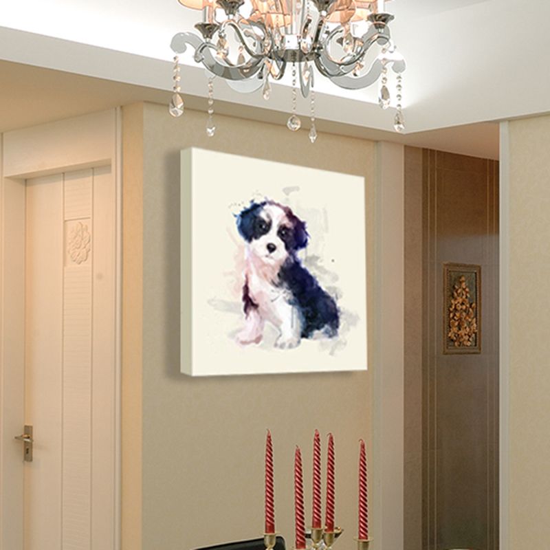 Childrens Art Puppy Canvas Print Black and White Baby Room Wall Decor, Textured Surface