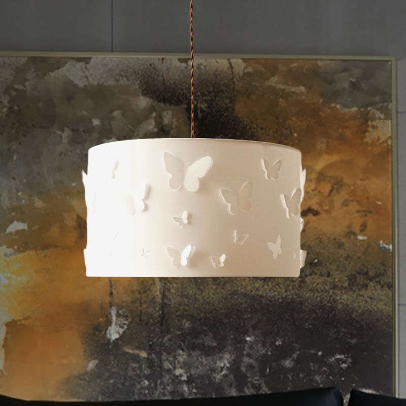 Minimalist 1-Light Drop Pendant White Butterfly-Embellished Drum Hanging Lamp with Fabric Shade