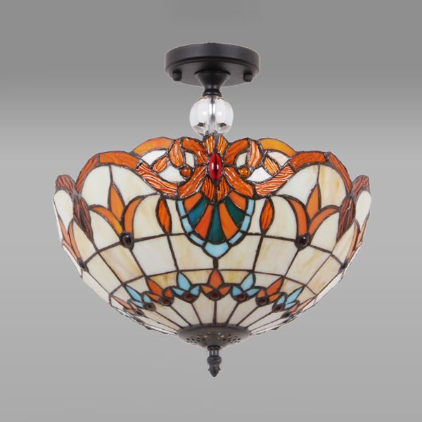 12 "/16" W Scalloped Semi-Flush Light Traditional Tiffany Stained Glass Ceiling Lamp with Leaf / Victorian / Circle Pattern in Bronze for Foyer
