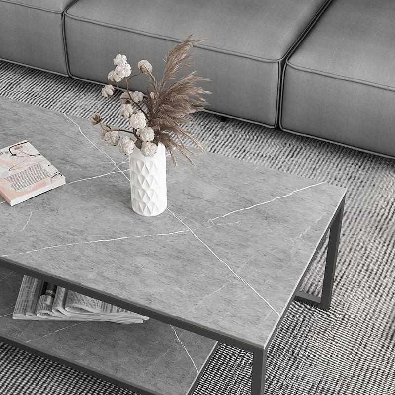Contemporary Cocktail Table with Stone Top and Iron Base and Shelf
