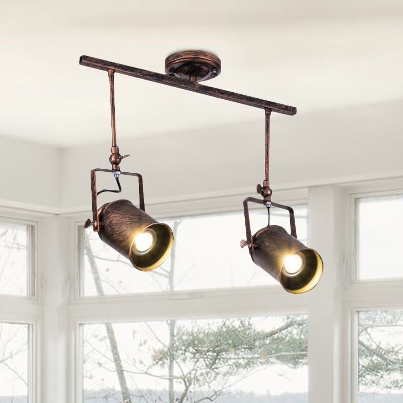 Luz de riel cilíndrica de estilo antiguo, lámpara de techo semiempotrada de hierro forjado de 1/2/3 luces en óxido oscuro para cafetería