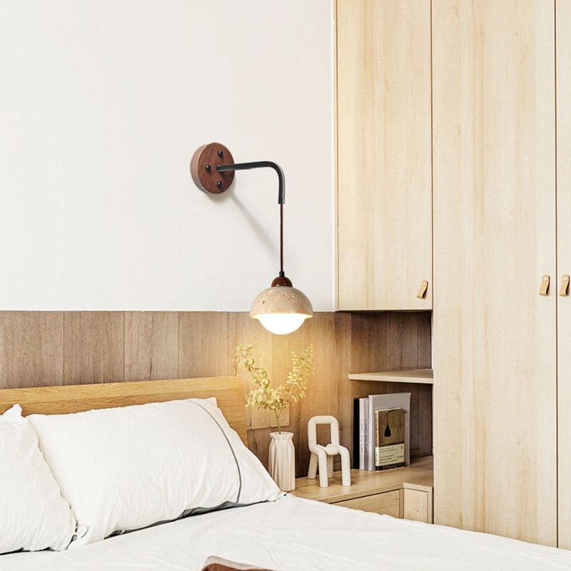 Modern Style Wall Lamp Wooden Wall Mount Lamp with Stone Shade for Bedroom