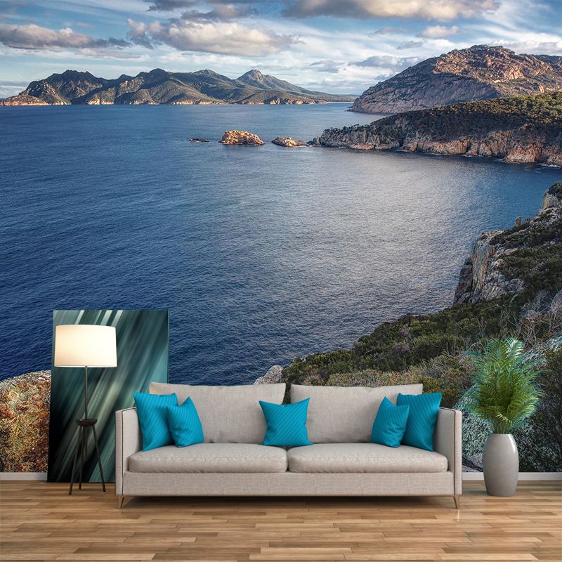 Nordic Ocean Mountains Mural Wallpaper Blue Stain-Resistant Wall Art for Living Room