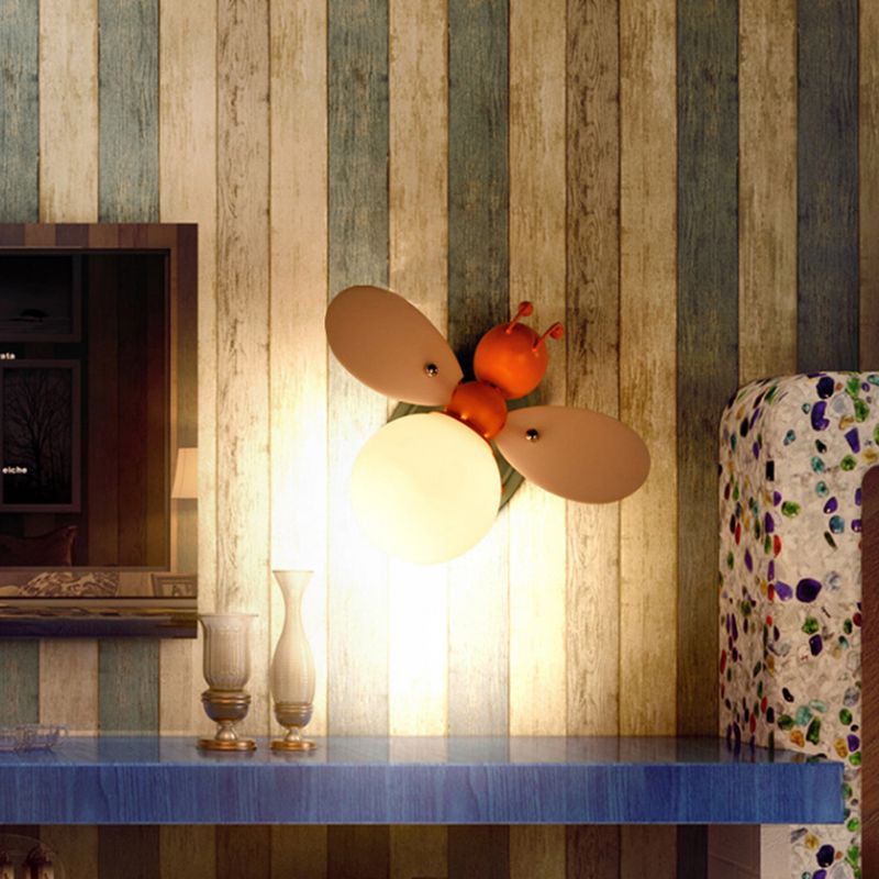 Bee Shaped Child Room Sconce Lighting Metallic Single Modern Wall Light with Globe Cream Glass Shade in Yellow