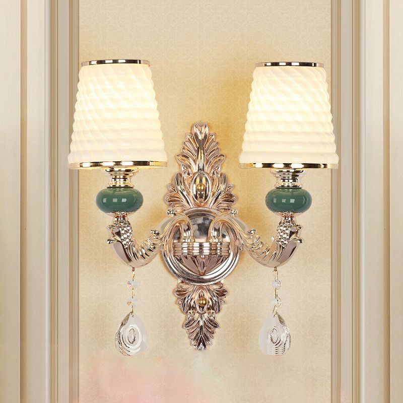 Traditional Tapered Wall Mount Light Textured Glass Wall Light Fixture with Hanging Crystal in Gold