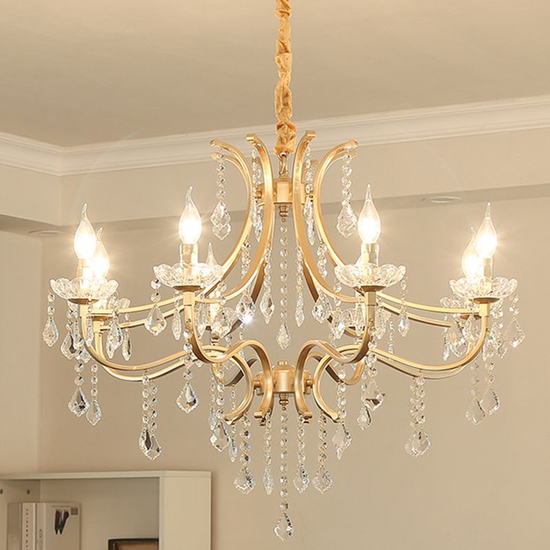Luz de techo colgante de estilo de araña chapada en oro de metal con drapeado de cristal
