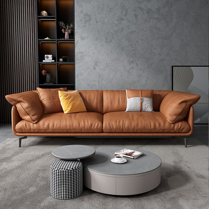 Recessed Arm Tan Contemporary Removable Cushions Faux Leather Sofa & Chaise