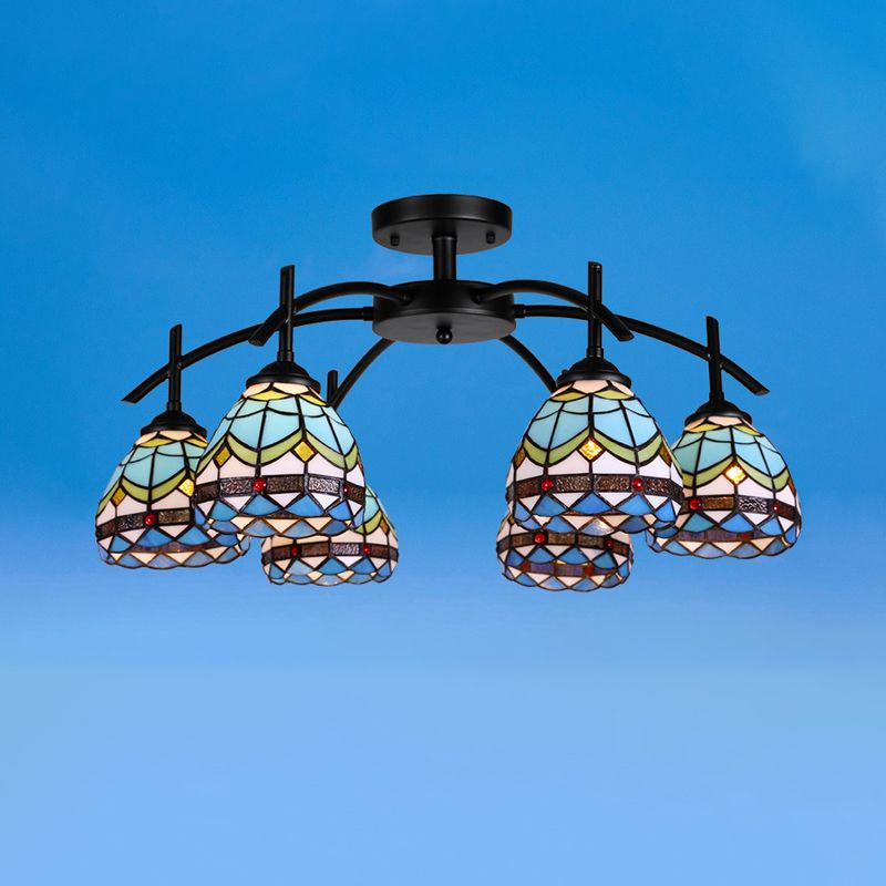 Blauwe kom Semi Flush Mount Mount Lamp Mediterranean 6/8 Lichten gebrandschilderd glas dicht bij plafondlamp