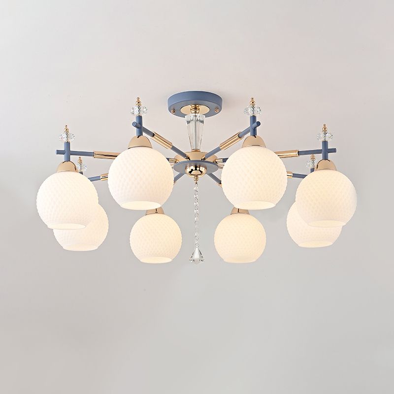 8 Bulbs Living Room Chandelier Light Modern Grey Pendant Lighting Fixture with Orb Milk Glass Shade