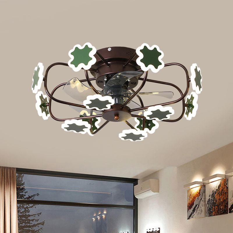 Cage de fleur LED Semi Flush Plafond ventilateur macaron fer 5-lame 23,5 "W chambre semi-flustion Mount Lumière avec décoration croix en gris / blanc / café