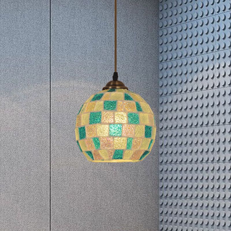 Tiffany Checkered Globe Pendant Lamp Single Green and White Glass Hanging Light Fixture