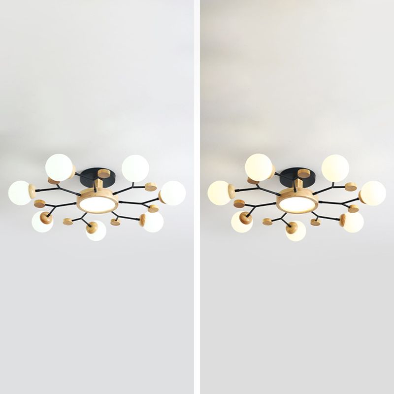 Nordic Solid Wood Ceiling Light White Glass Modos Semi Flush Light for Living Room