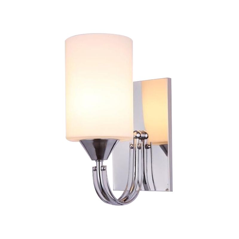 Silver Cylindrical Sconce Lighting Modernist 1 Light White Glass Wall Mounted Lamp with Curved Arm