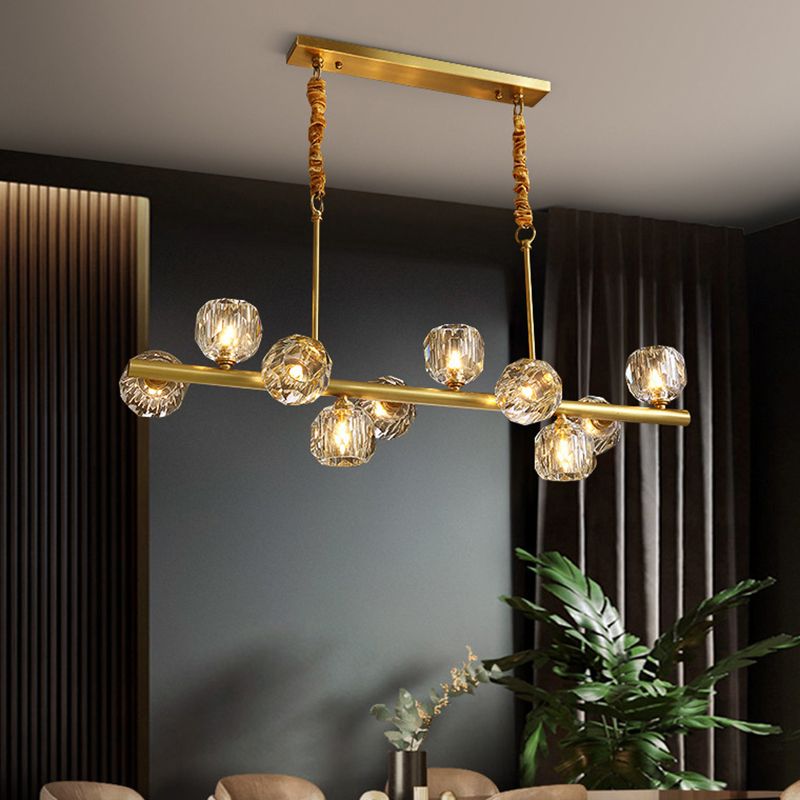Modern Kitchen Island Light Brass & Crystal Pendant Ceiling in Gold & Clear