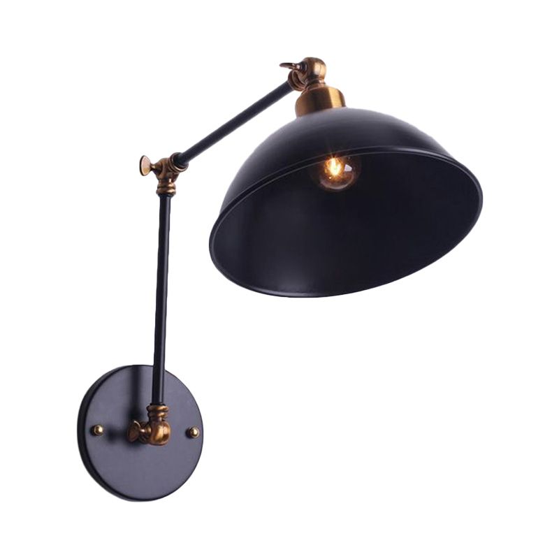 1 Bulb Sconce Light Vintage Swing Arm Metal Wall Lighting with Bowl Shade in Black for Stairway
