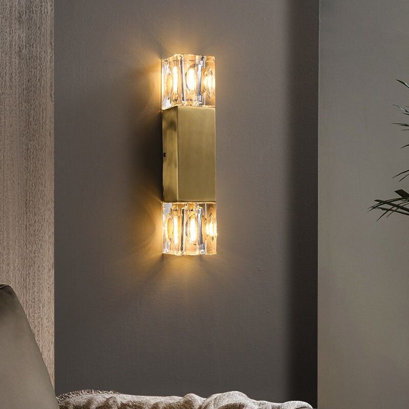Modern Brass Wall Light Cuboid 12.5" High Wall Sconce with Crystal for Living Room